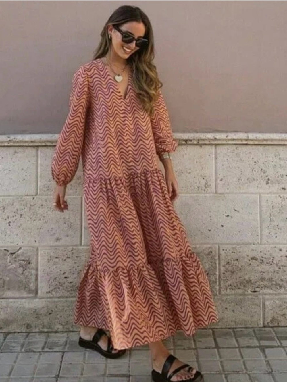 Zara Coral Pink Chevron Maxi Dress with V-Neck and Balloon Sleeves